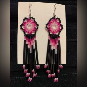 Native American Pink/Black/White Beaded Earrings